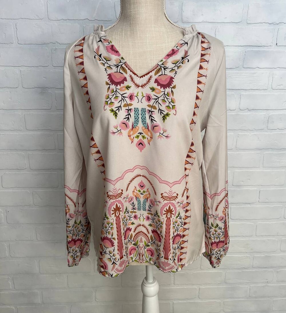 Boho Boutique Women's Tan Western Floral Print Peasant Top Blouse -sz S
